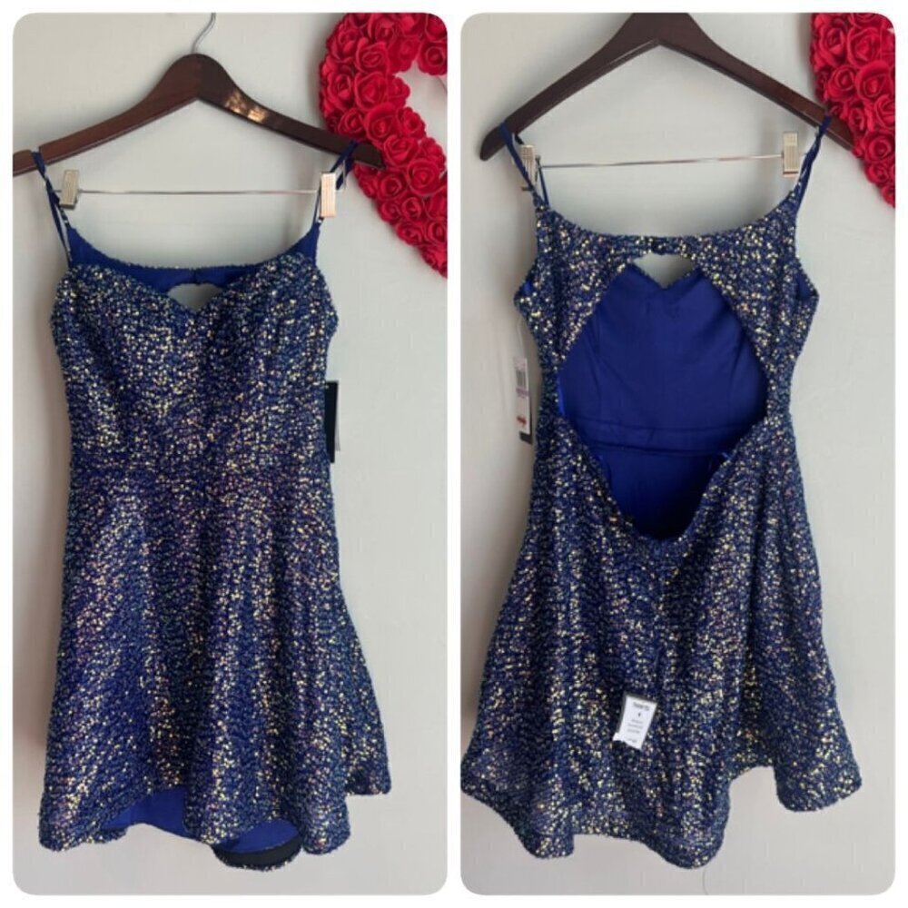 City Studios Juniors' Sequin Open-Back Skater Fit & Flare Dress 11/12 Blue B22
